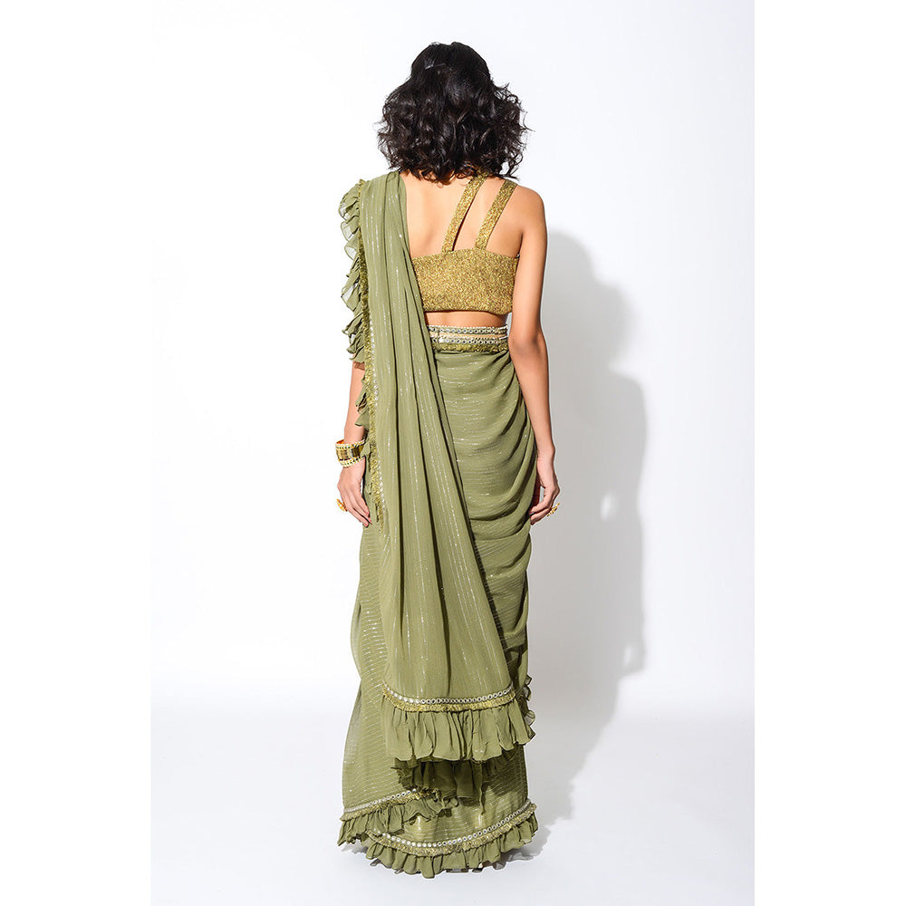 Rishi & Vibhuti Olive & Gold Six Yards Saree with Stitched Blouse & Belt