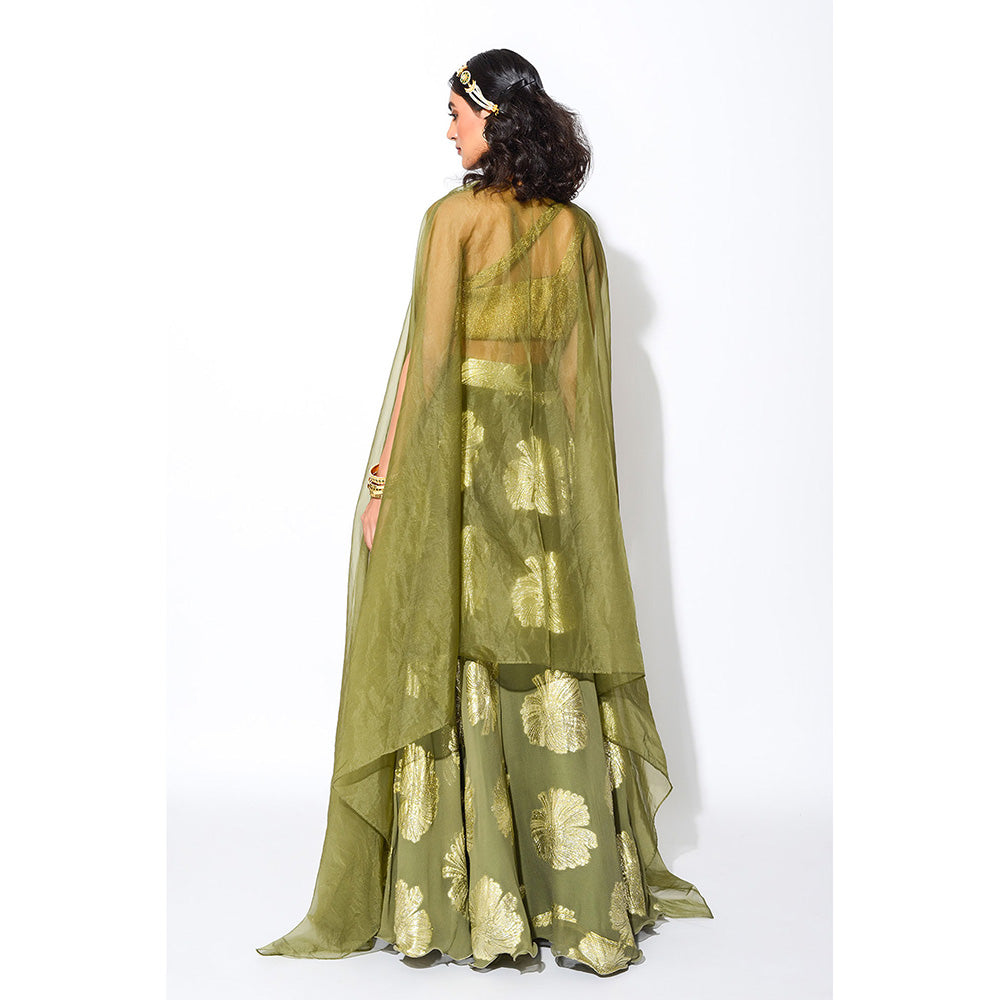 Rishi & Vibhuti Olive & Gold Circular Skirt with Blouse & Cape (Set of 3)
