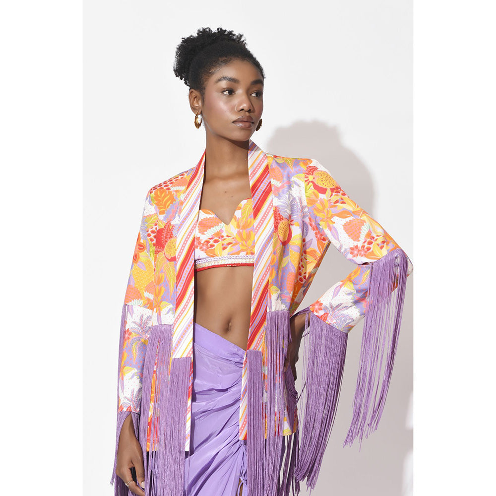 Rishi & Vibhuti Multi-Colour Lavender Lagoon Crop Top With Skirt And Jacket (Set of 3)