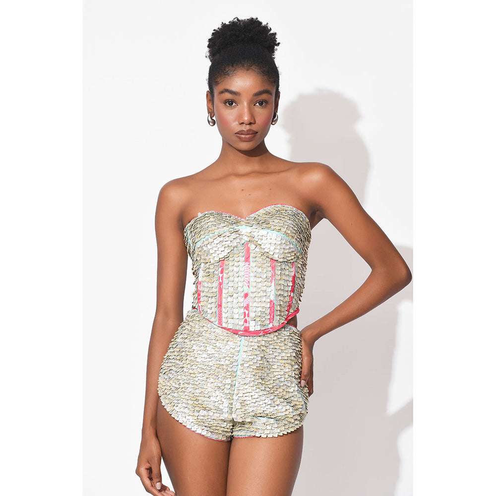 Rishi & Vibhuti Pink Seashore Top With Shorts And Shrug (Set of 3)