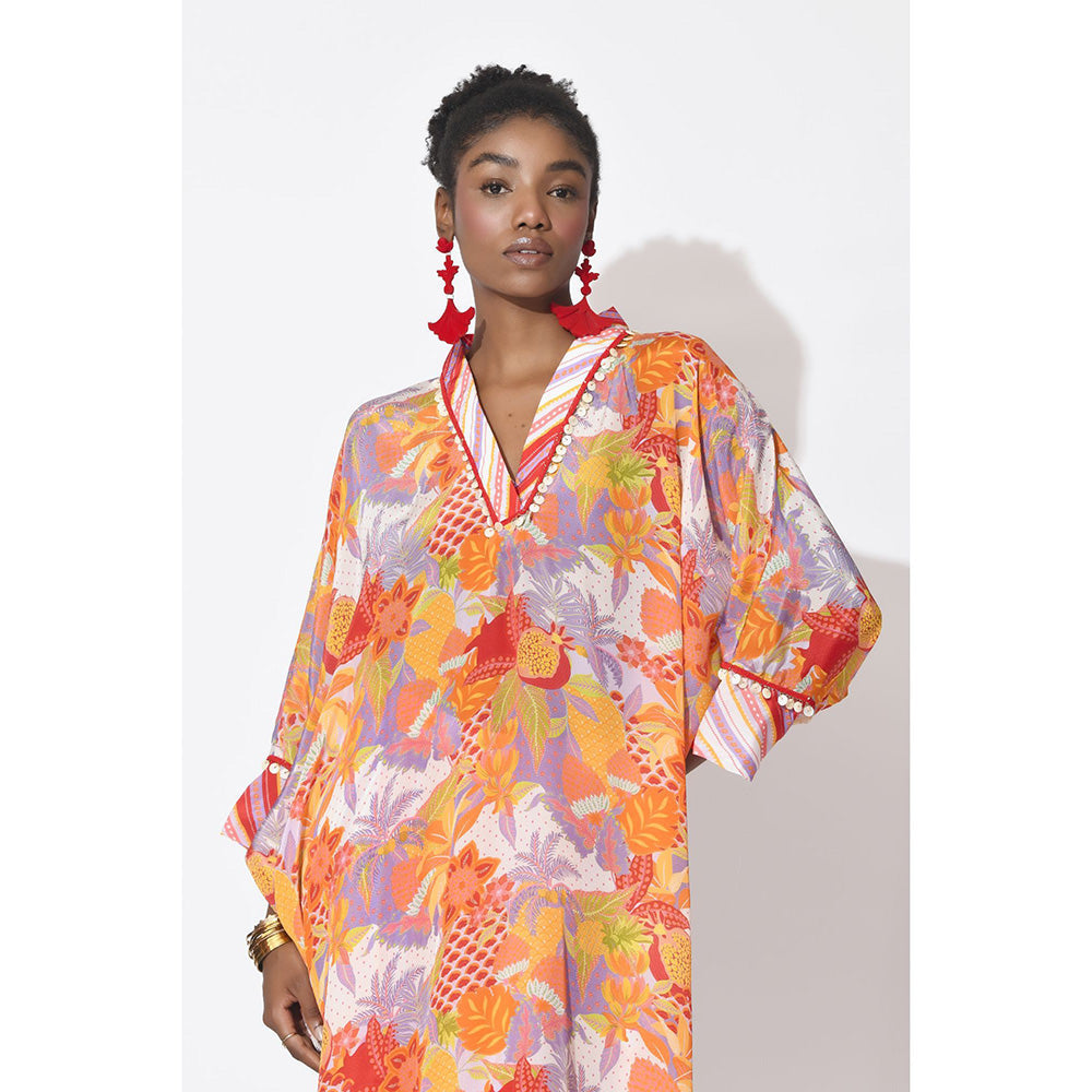 Rishi & Vibhuti Orange Tranquil Kaftan with Pant (Set of 2)