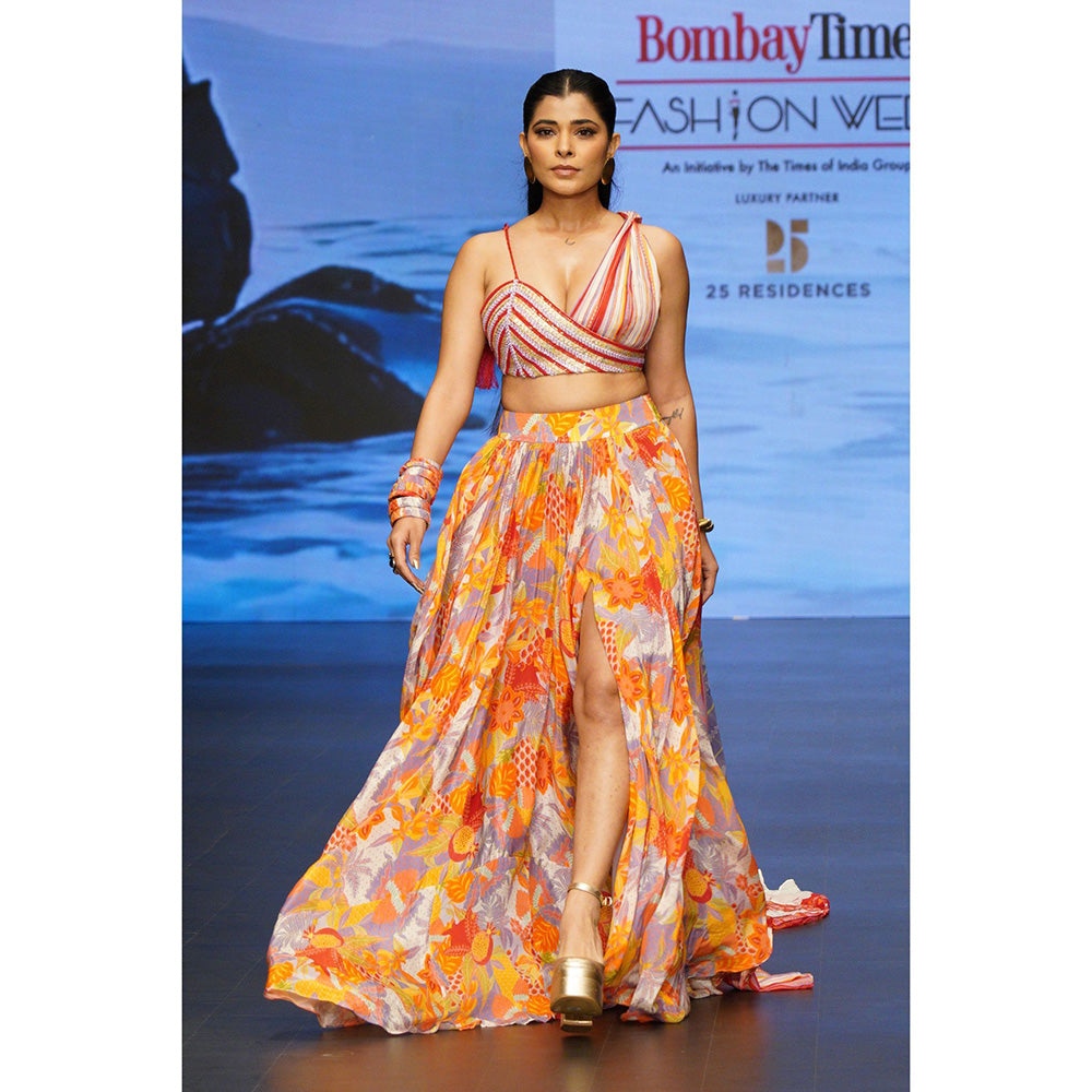 Rishi & Vibhuti Multi Colour Crest fall Top with Skirt (Set of 2)