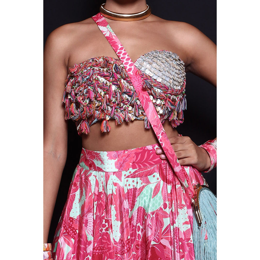 Rishi & Vibhuti Pink Romantic Waves Skirt with Blouse (Set of 2)