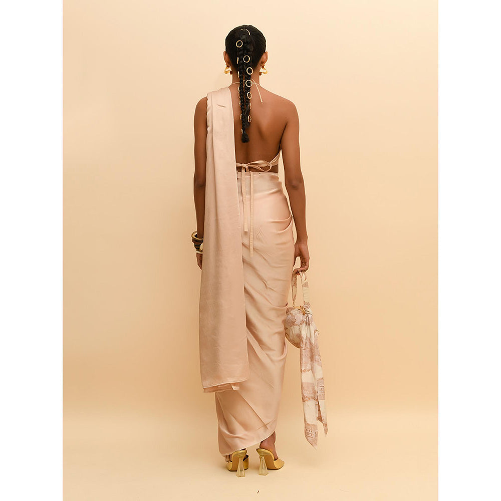 Rishi & Vibhuti Beige Pre Draped Saree with Stitched Blouse