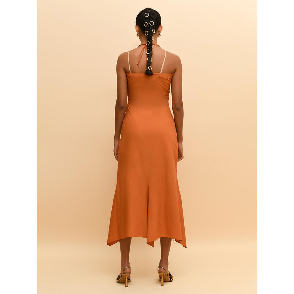 Rishi & Vibhuti Tan Halter Neck Swirl Dress