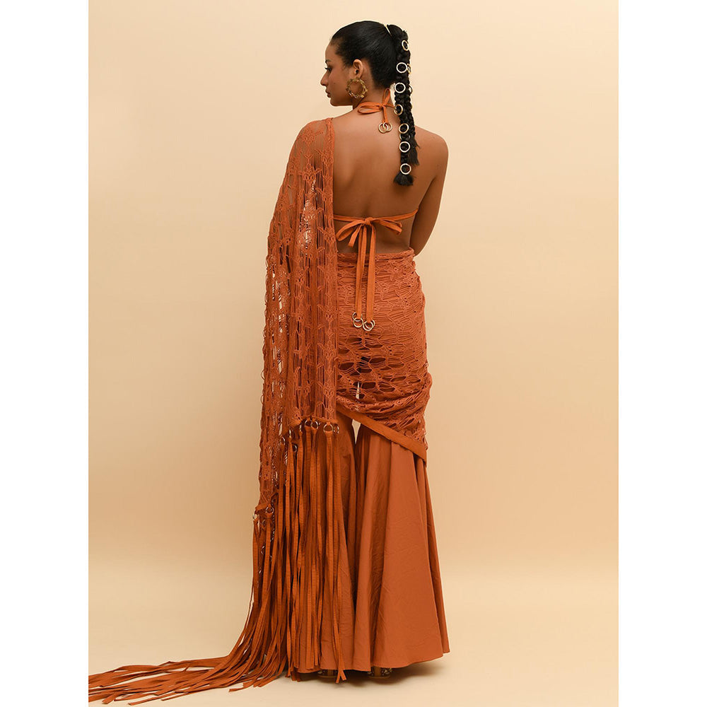 Rishi & Vibhuti Tan Contemporary Mesh Bralette with Sharara and Draped (Set of 3)