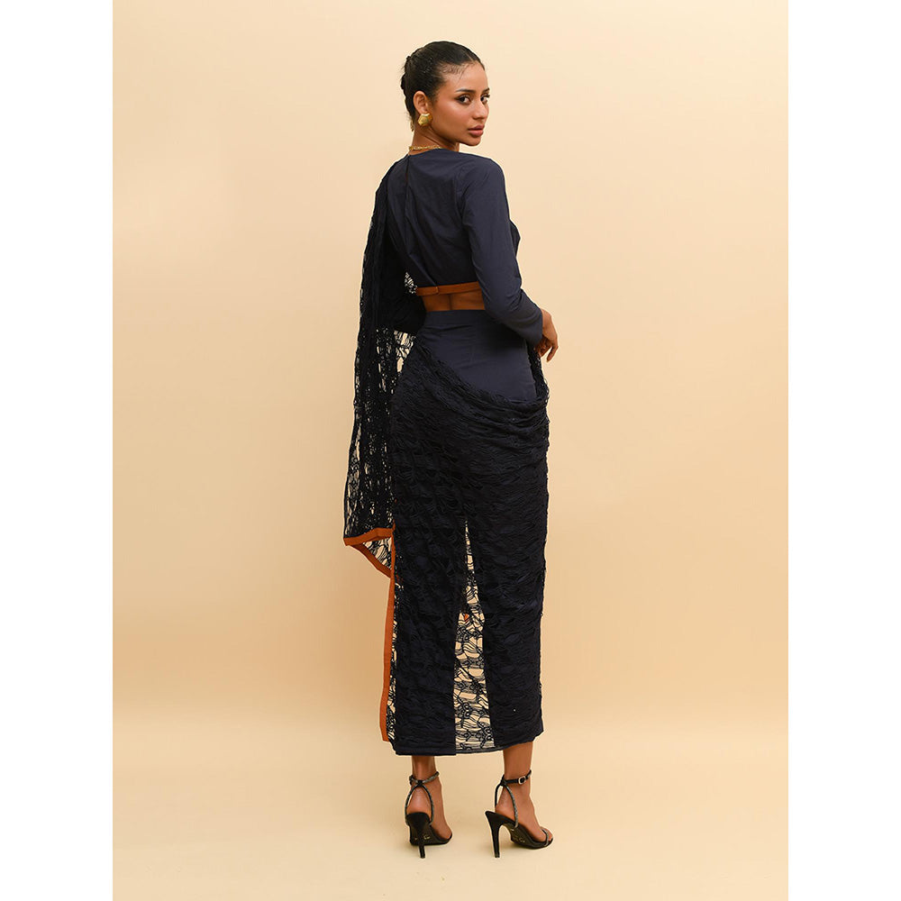 Rishi & Vibhuti Blue Contemporary Mesh Crop Top with Pant and Draped (Set of 3)