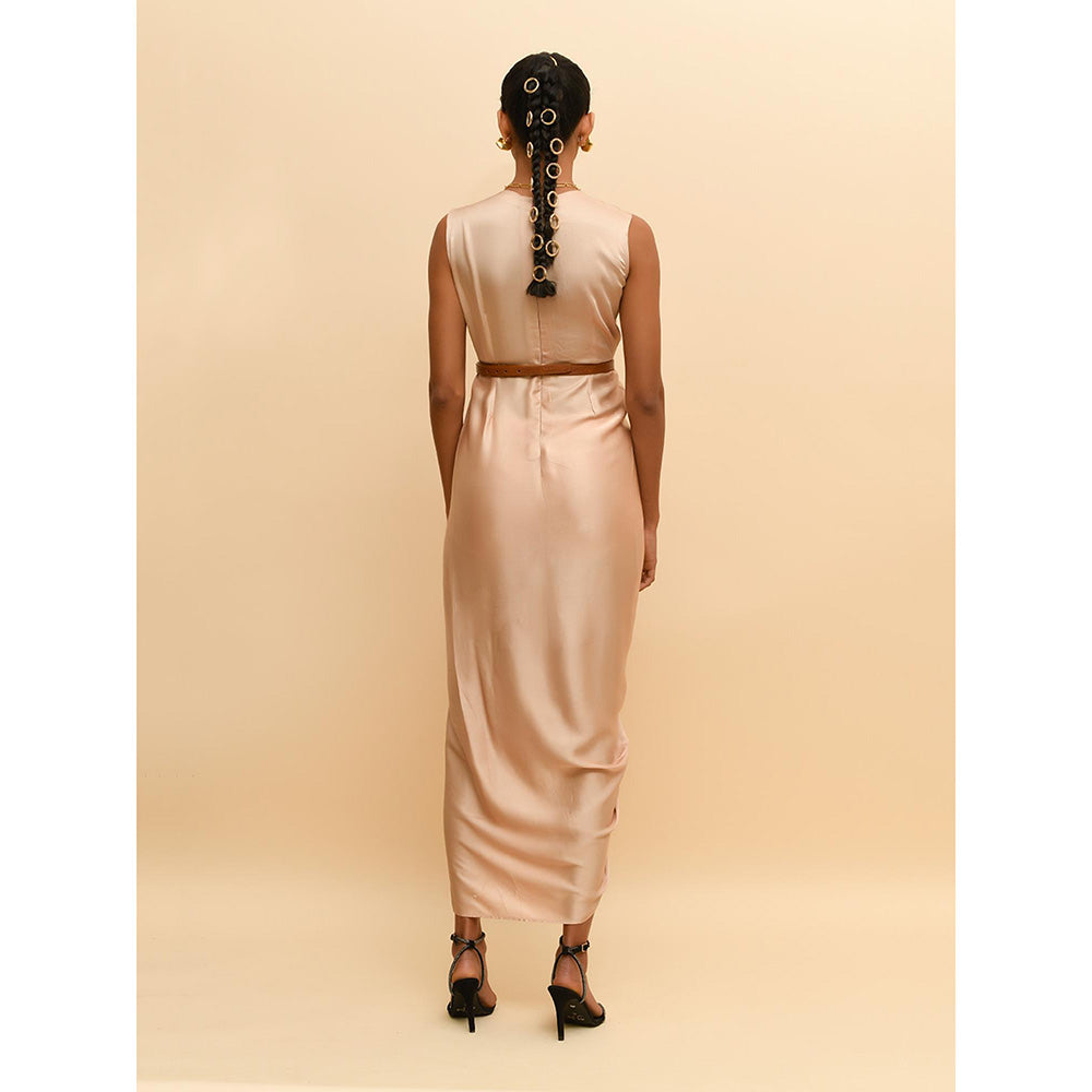 Rishi & Vibhuti Beige Drape Dress with Belt (Set of 2)