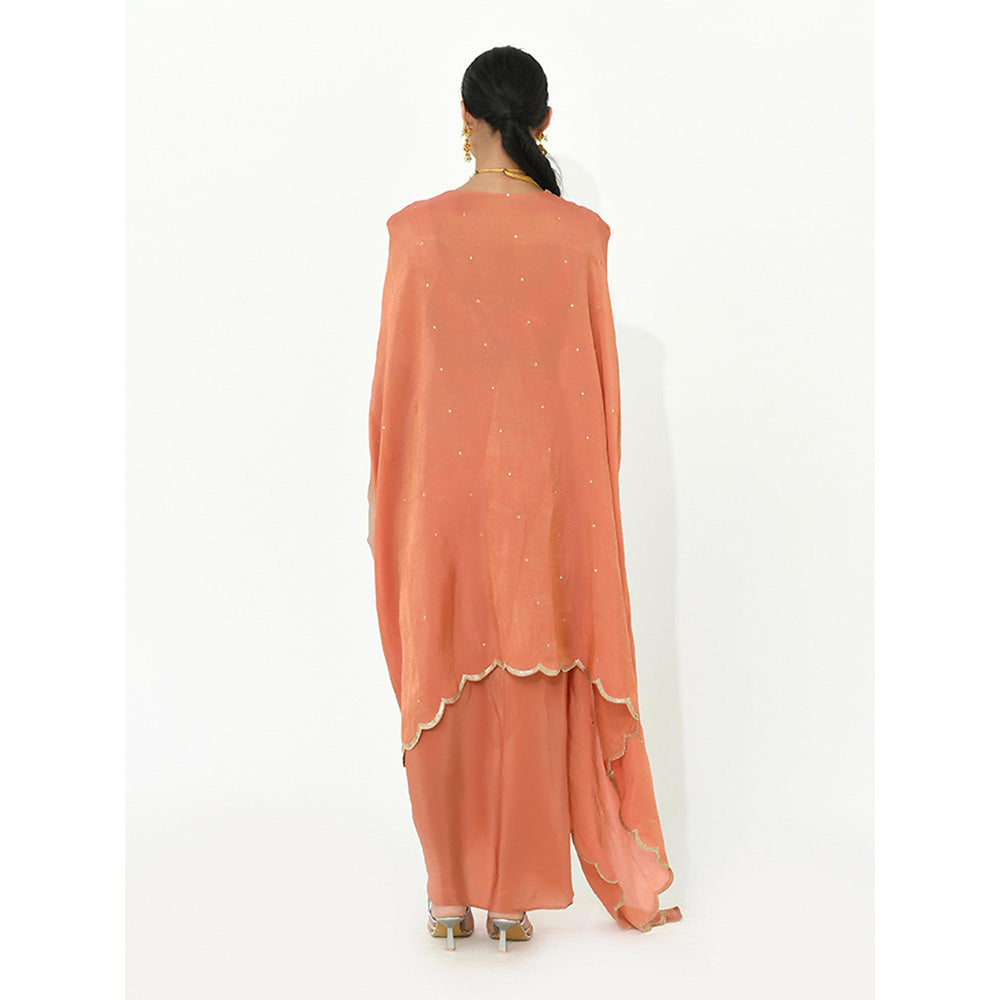 Rishi & Vibhuti Coral Karl Drape Skirt with Cape and Blouse (Set of 3)
