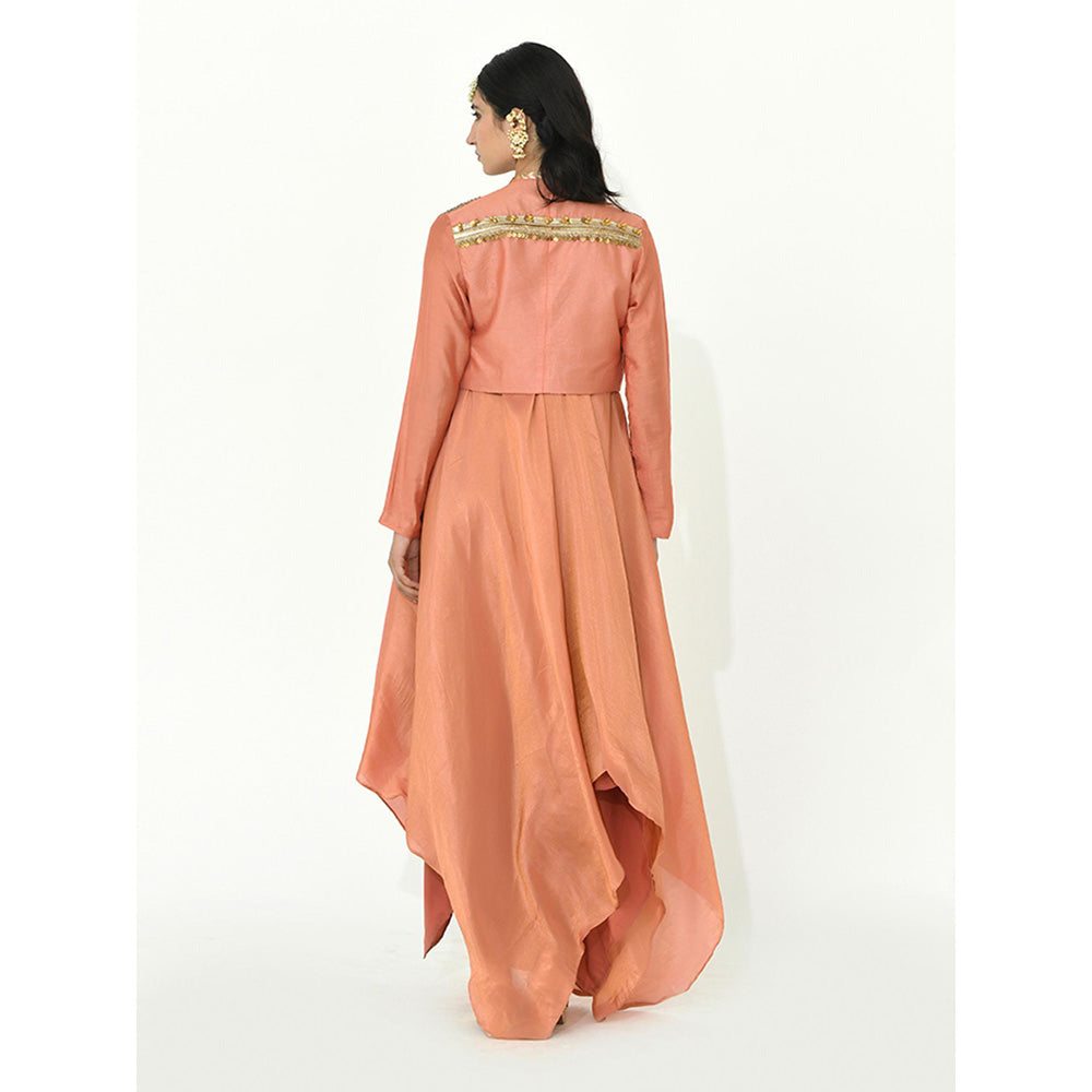Rishi & Vibhuti Coral Apricot Jacket with Dress (Set of 2)