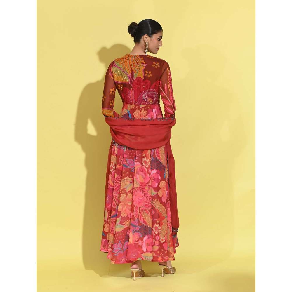 Rishi & Vibhuti Red Ruby Anarkali with Dupatta (Set of 2)