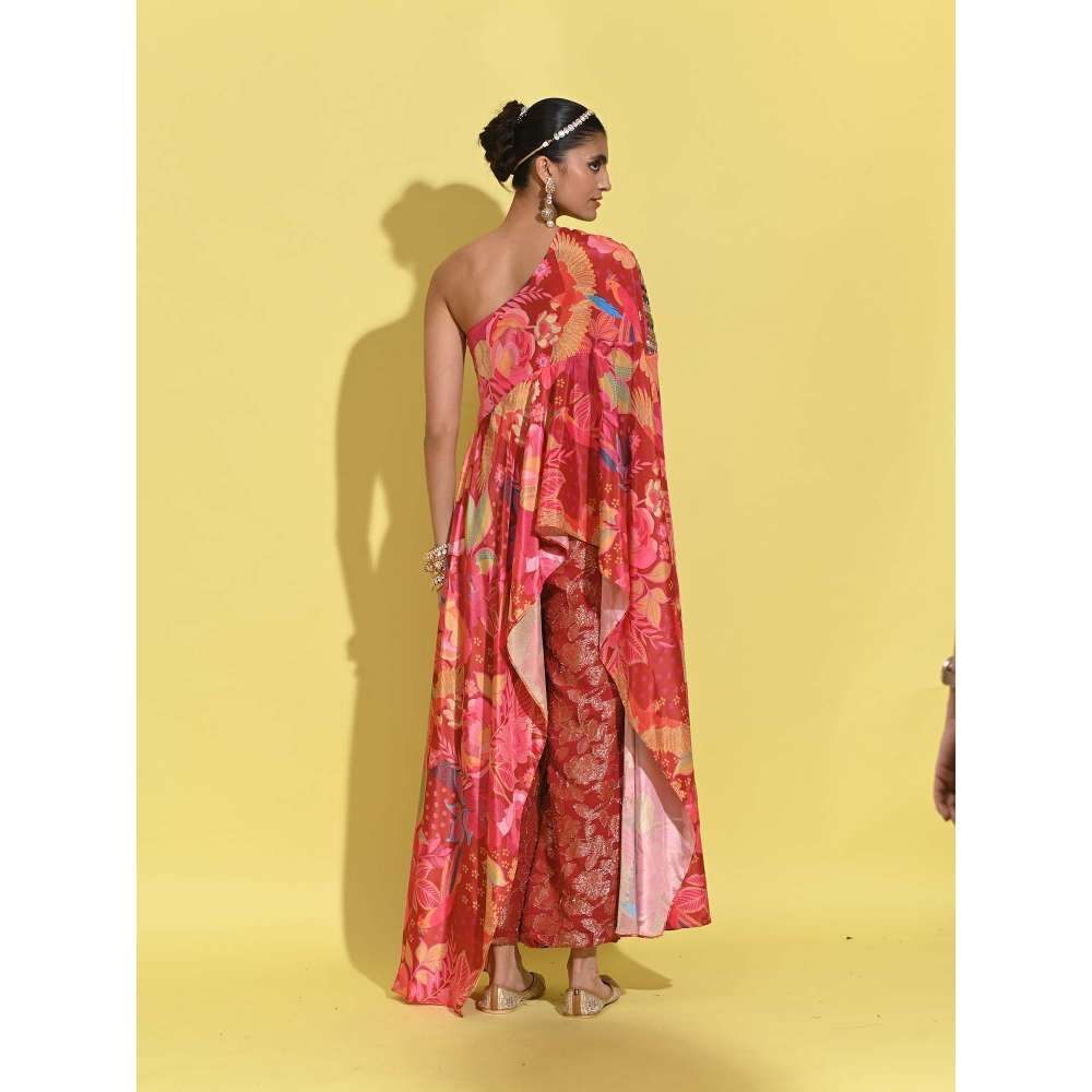 Rishi & Vibhuti Red Ruby Drape Cape Top with Pant (Set of 2)