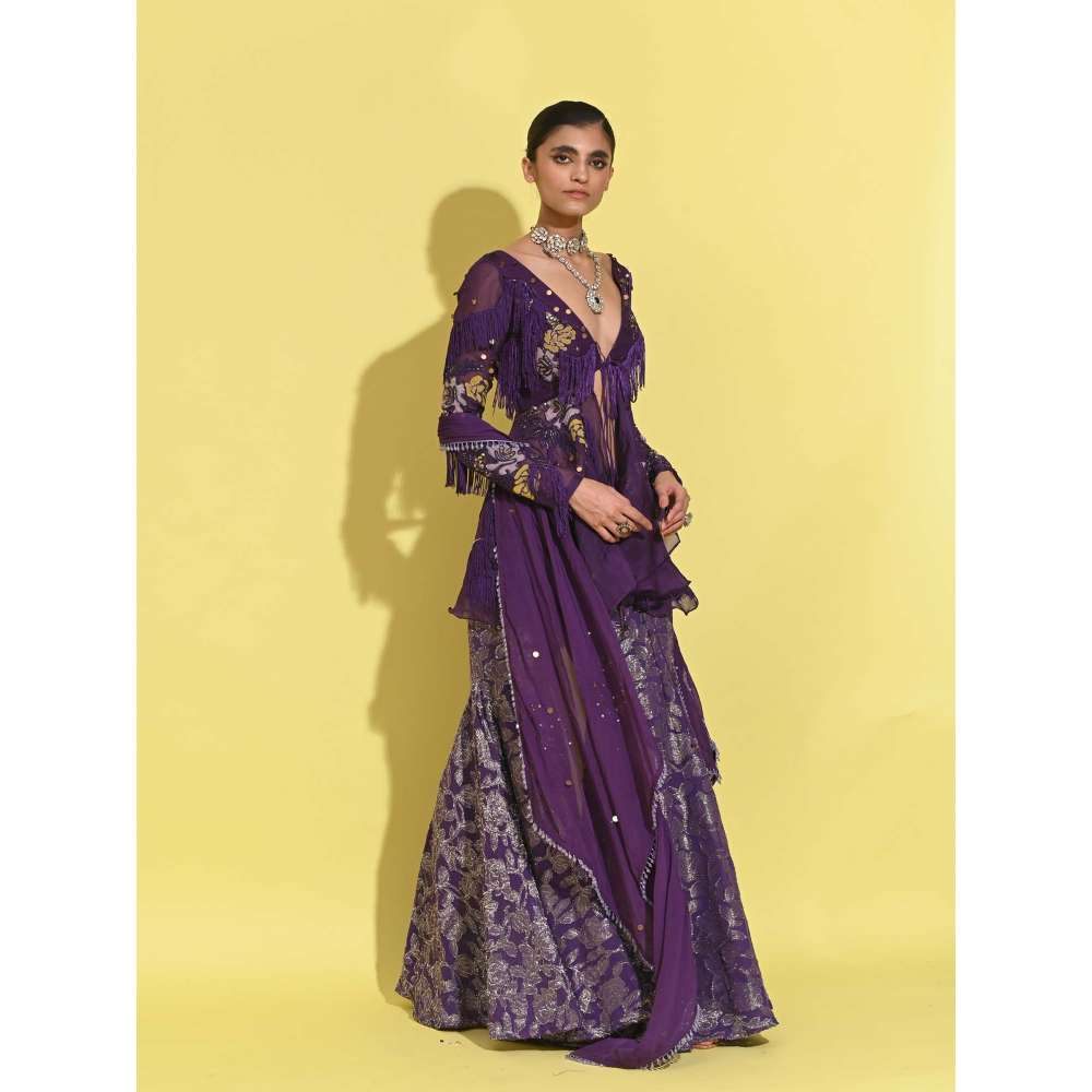 Rishi & Vibhuti Purple Berry Peplum Top with Sharara and Dupatta (Set of 3)