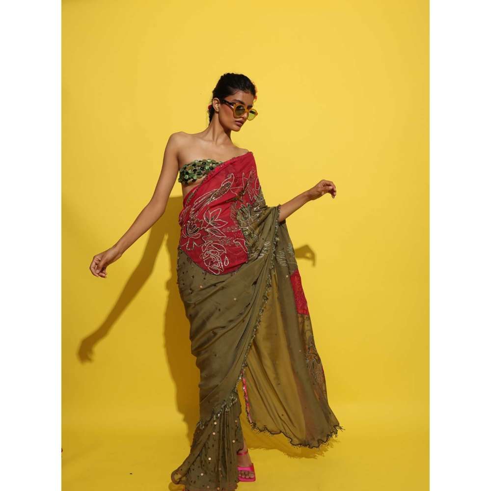 Rishi & Vibhuti Olive Janean Saree with Stitched Blouse