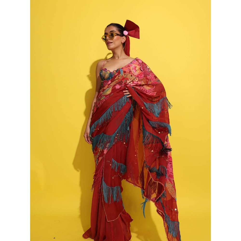 Rishi & Vibhuti Red Chak-Chak Pre-Draped Saree with Stitched Blouse