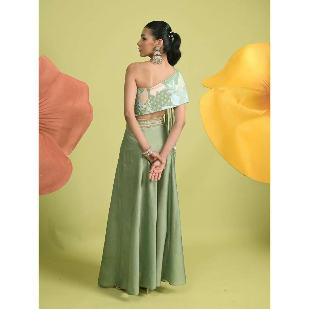 Rishi & Vibhuti Green Matcha Charm Skirt with Bralette and Cape (Set of 3)