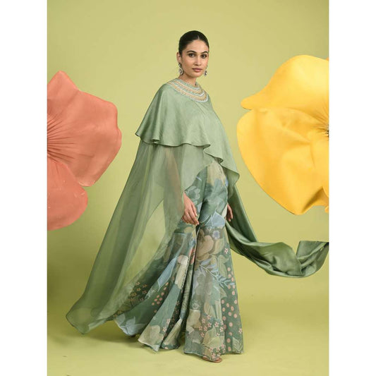 Rishi & Vibhuti Green Aurora Bloom Jacket with Sharara (Set of 2)