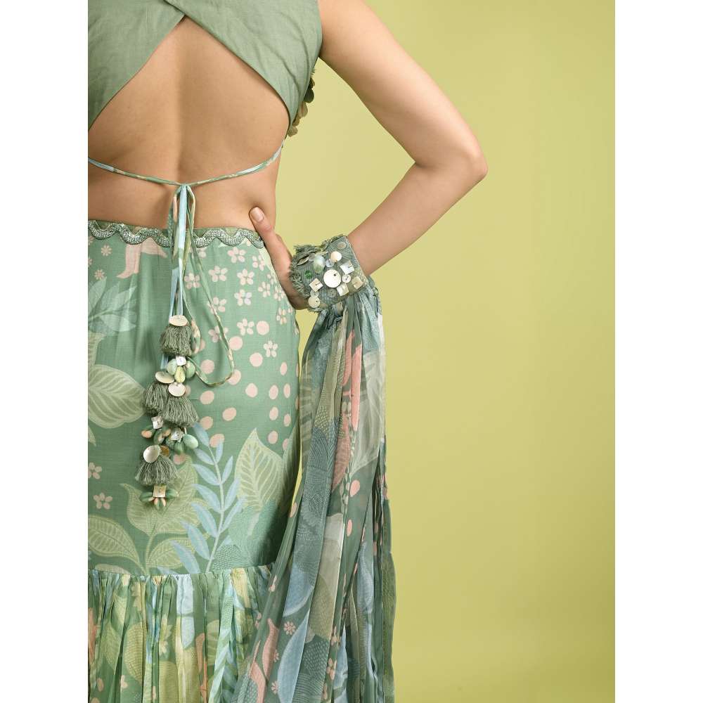 Rishi & Vibhuti Green Dew-Kissed Dream Skirt with Blouse and Dupatta (Set of 3)