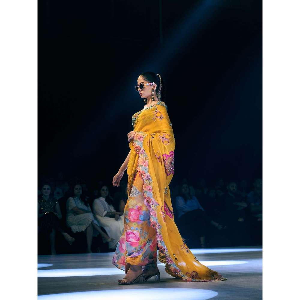 Rishi & Vibhuti Marigold Muse Printed Drape Saree with Petticoat & Stitched Blouse