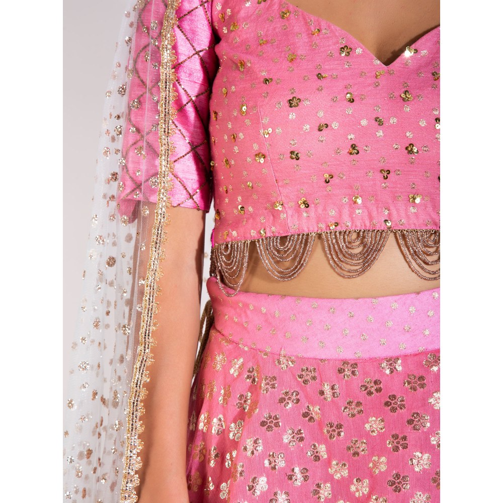 Rishi & Vibhuti Pink Lehenga & Stitched Blouse With Dupatta (Set of 3)