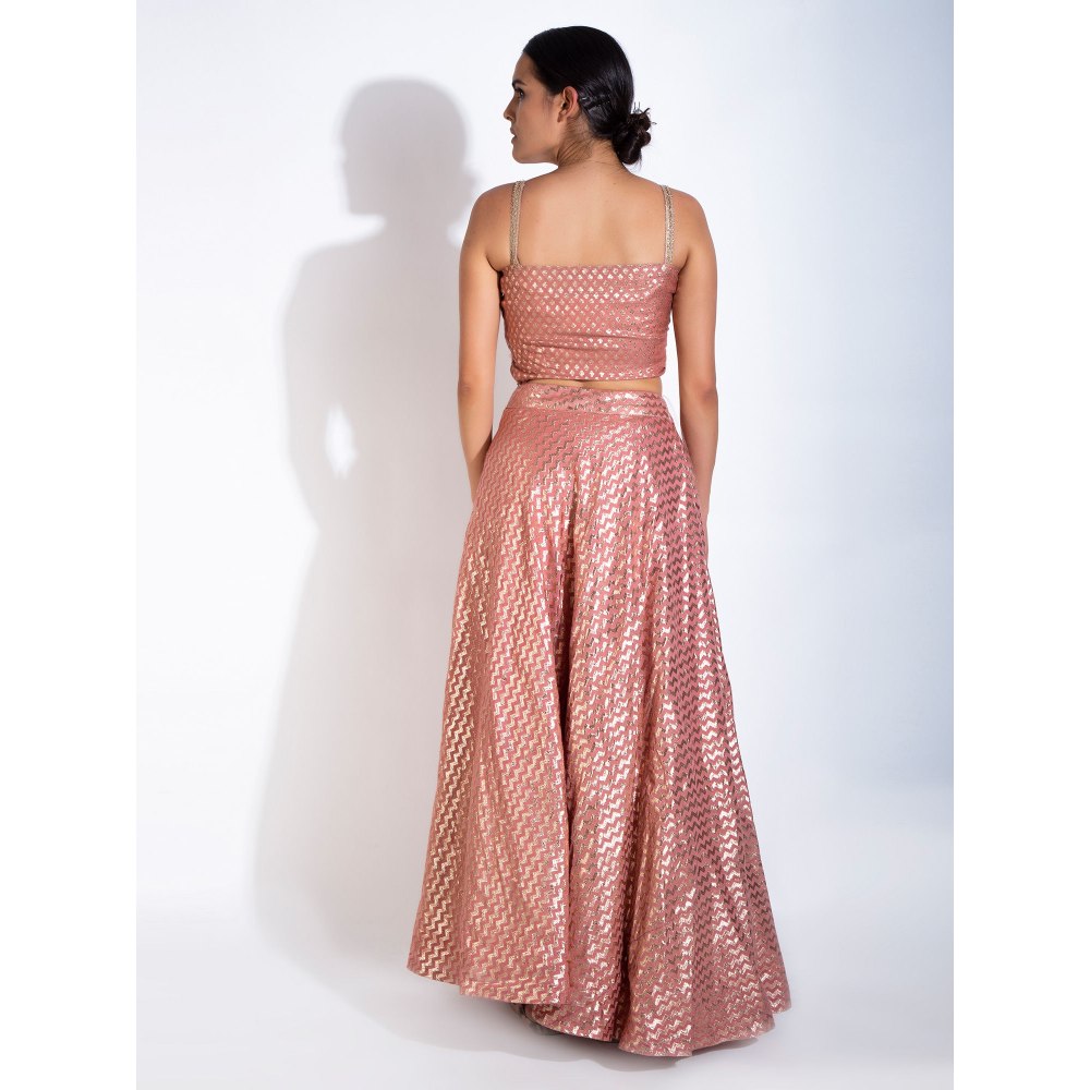 Rishi & Vibhuti Pink Caramel Stitched Blouse With Dupatta Lehenga (Set of 3)