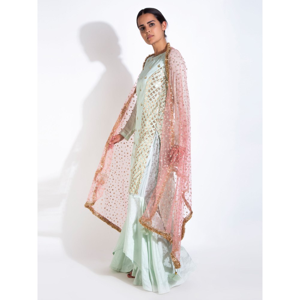 Rishi & Vibhuti Green Centre Embellished Chanderi Kurta & Sharara With Dupatta (Set of 3)