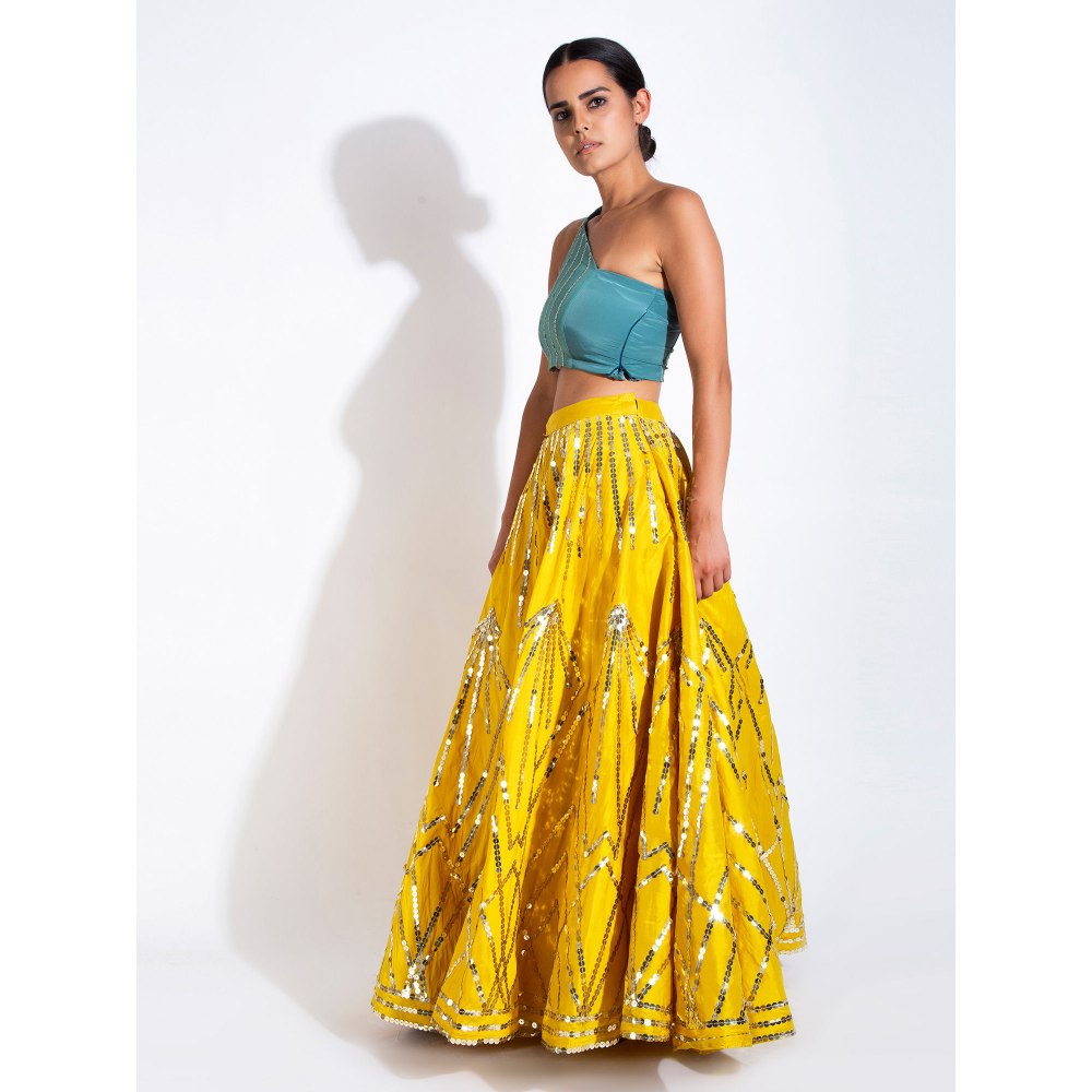 Rishi & Vibhuti Blue Stitched Blouse Embellished Lehenga (Set of 2)