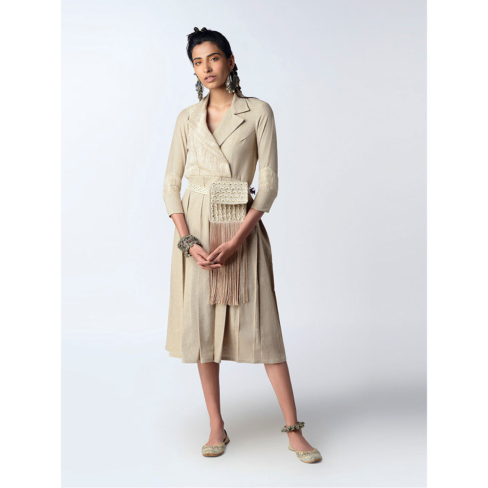 Rishi & Vibhuti Beige Tea Midi Dress With Belt & Bag