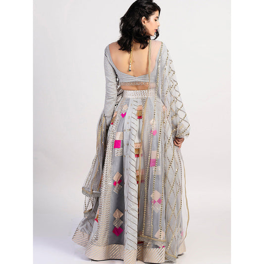 Rishi & Vibhuti The Multi Panel Grey Embellished Lehenga With Blouse & Dupatta (Set of 3)