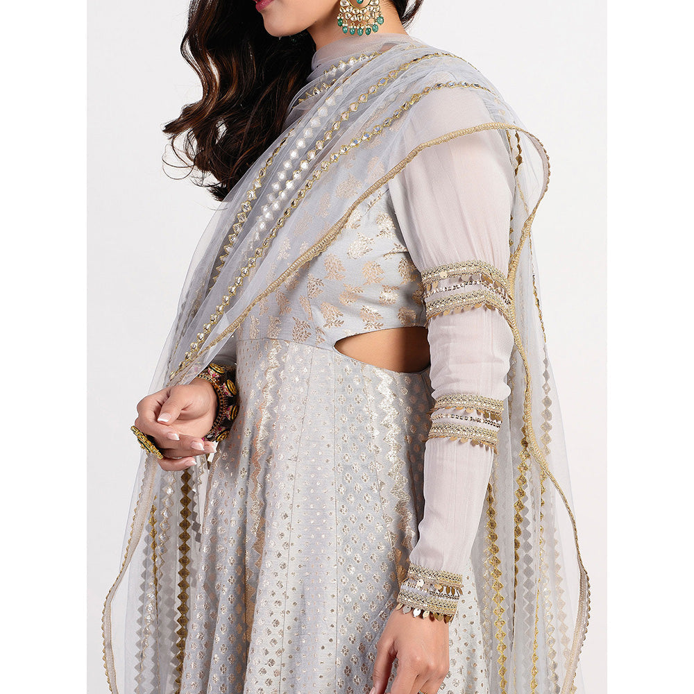 Rishi & Vibhuti Silver Seashell Embellished Dress With Dupatta (Set of 2)