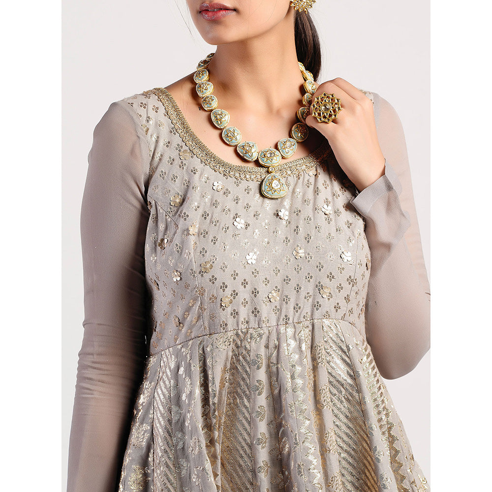 Rishi & Vibhuti Grey Chanderi Embellished Dress With Dupatta (Set of 2)