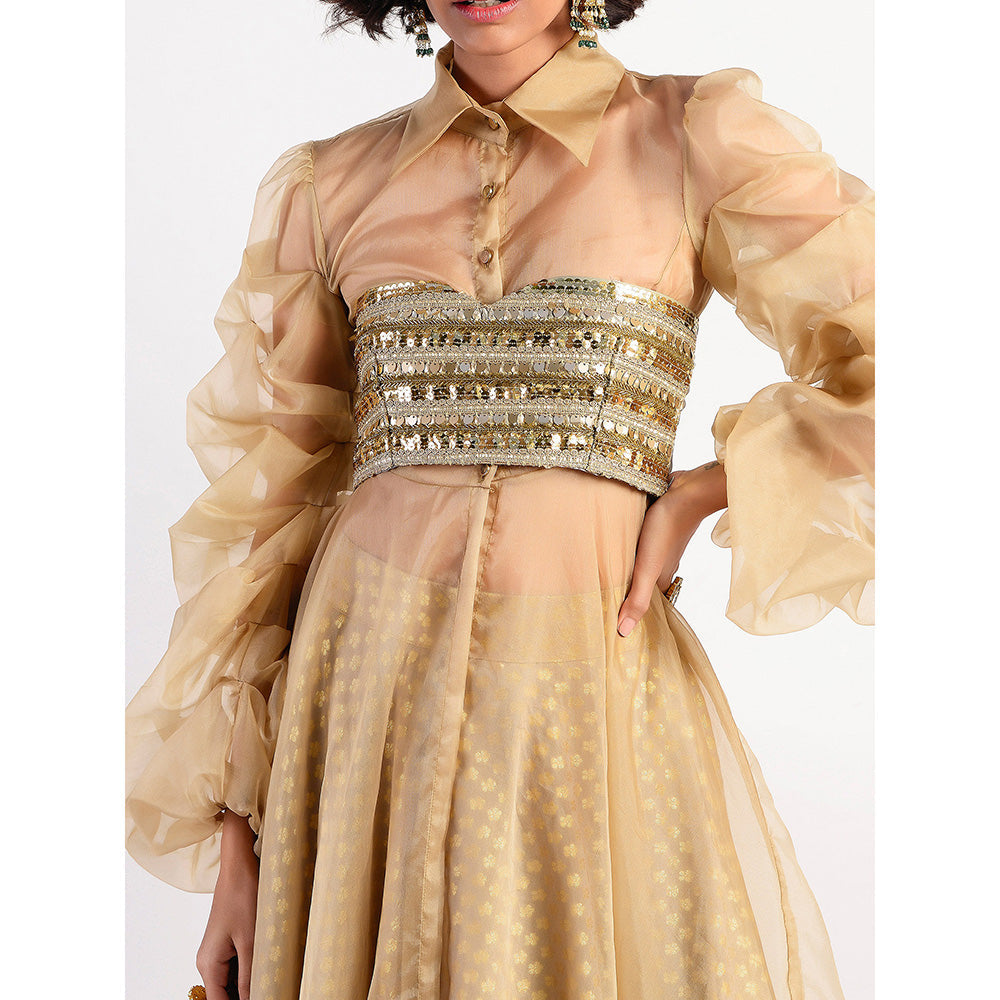 Rishi & Vibhuti Gold Embellished Blouse And Lehenga And Cape (Set of 3)