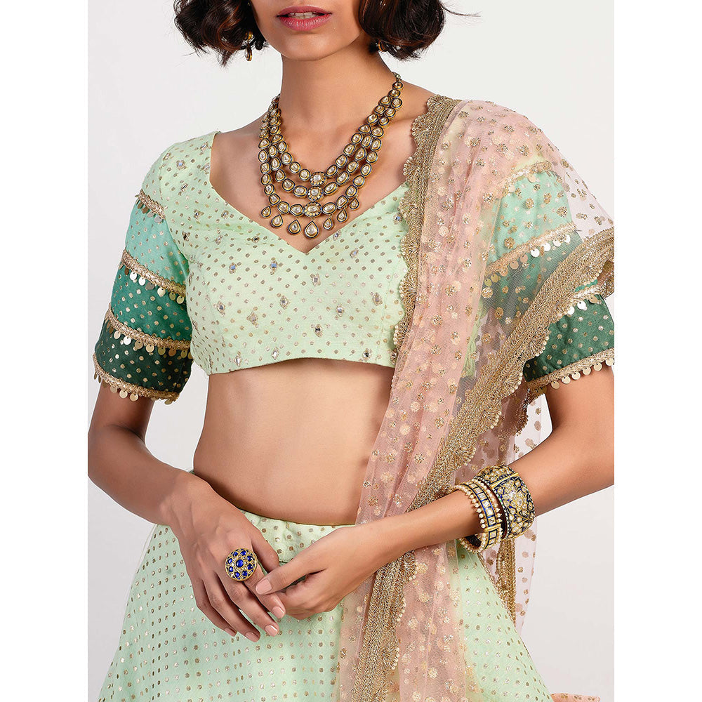 Rishi & Vibhuti Green Mirror Work Blouse And Lehenga With Dupatta (Set of 3)