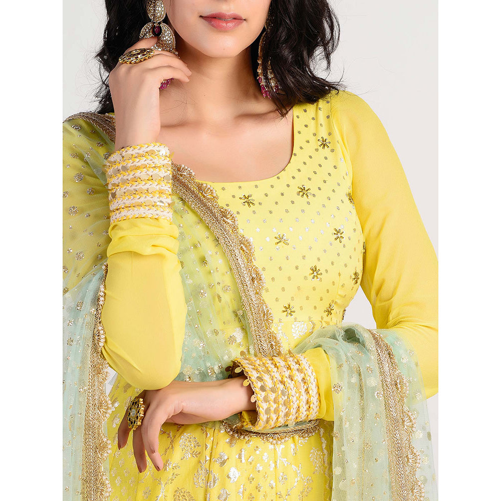Rishi & Vibhuti yellow Printed Anarkali And Dupatta (Set of 2)