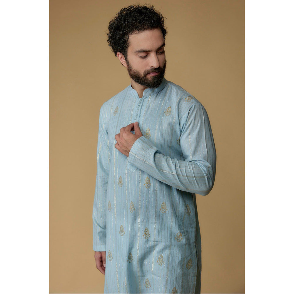 Ritambh by Rishi & Sachin Sky Blue Cotton Lurex Printed and Embellished Kurta