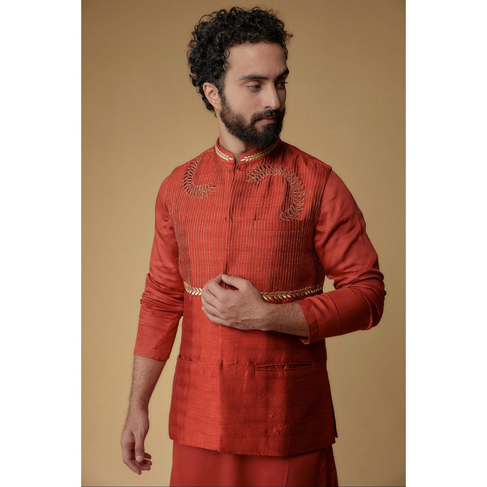 Ritambh by Rishi & Sachin Crimson Red Silk Dupion Zari Embroidered Nehru Jacket with Kurta
