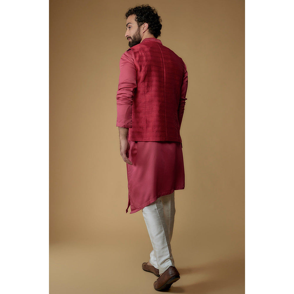 Ritambh by Rishi & Sachin Hibiscus Pink Silk Dupion Zari Embroidered Nehru Jacket with Kurta