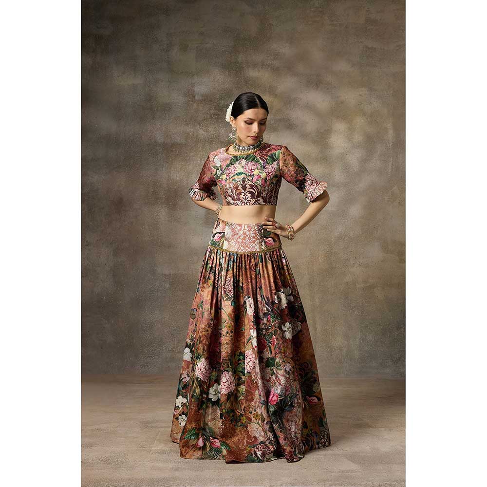 Rivaar by Rocky Star Brown Floral Print Blouse with Lehenga (Set of 2)