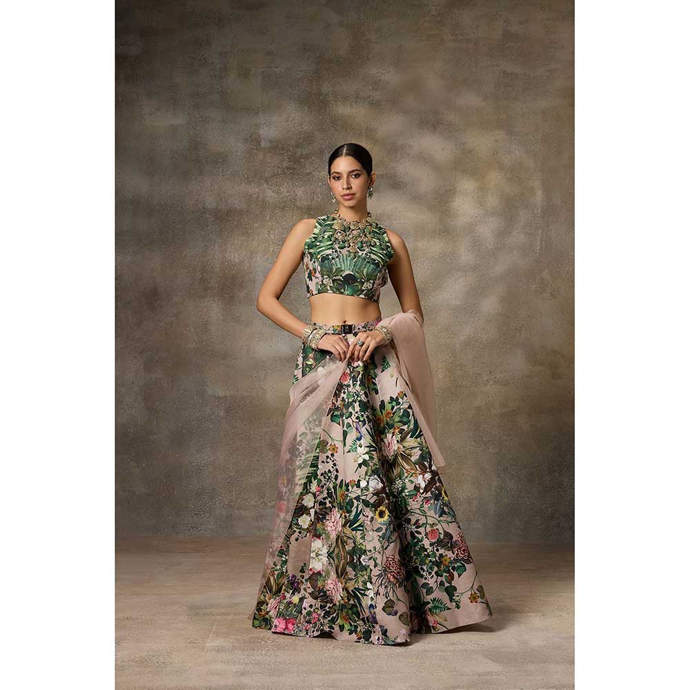 Rivaar by Rocky Star Green Floral Print Blouse with Lehenga (Set of 2)