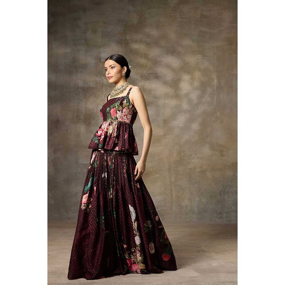 Rivaar by Rocky Star Burgundy Printed Peplum Top with Lehenga (Set of 2)
