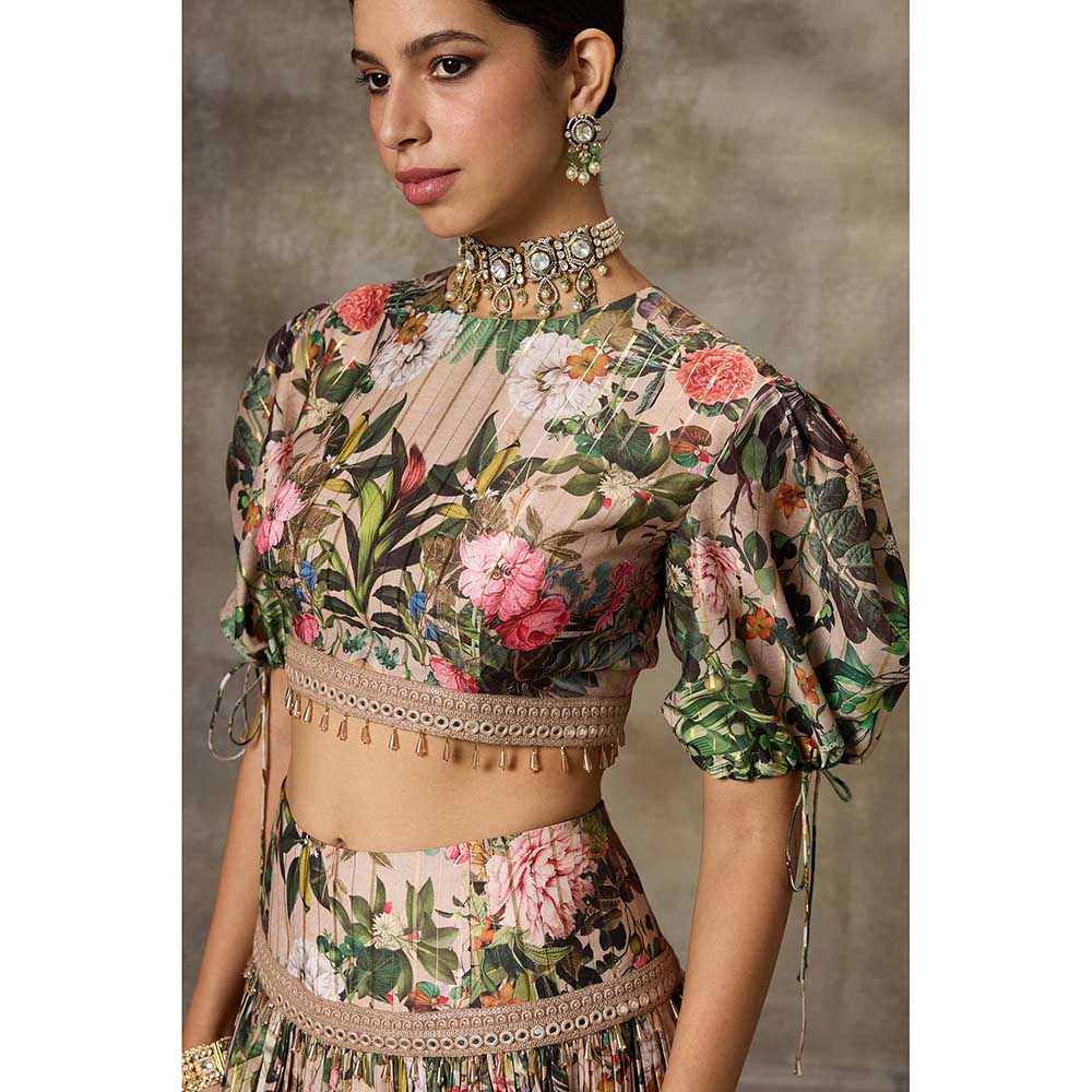 Rivaar by Rocky Star Beige Floral Print Lehenga with Crop Top (Set of 2)