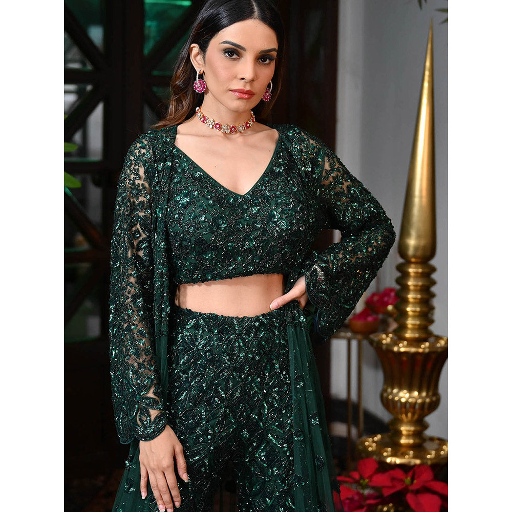 Rococo Fiza Blouse and Palazzo with Cape - Green (Set of 3)