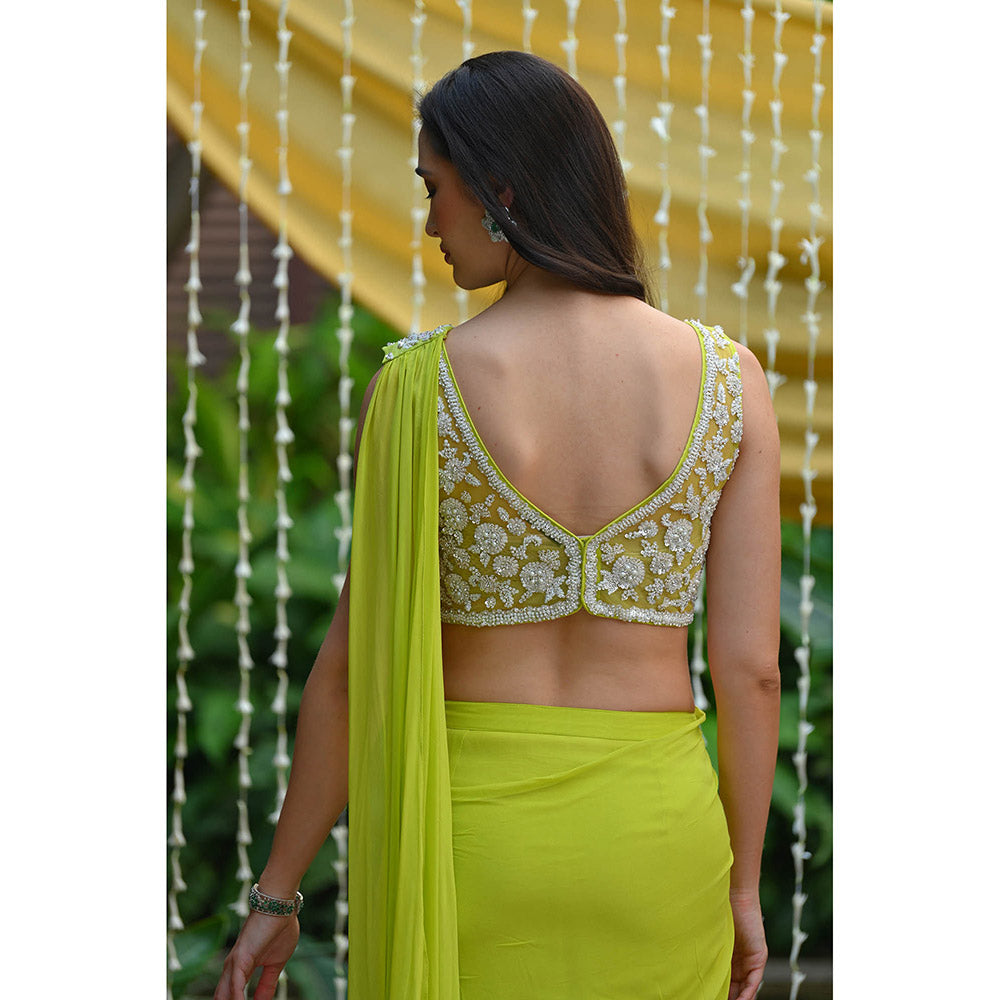 Rococo Hannah Predraped Saree with Stitched Blouses - Green