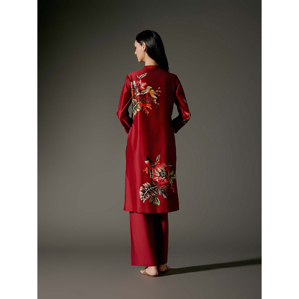 Rohit Bal Red Chanderi Print Kurta with Pant (Set of 2)