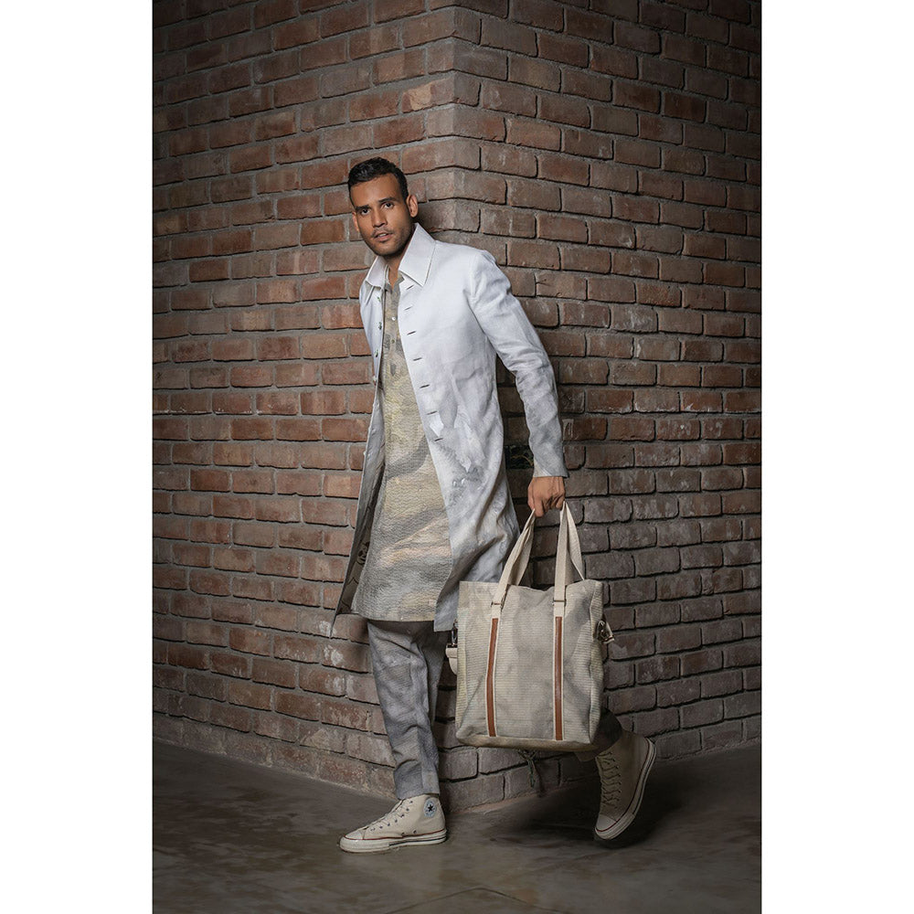 Rohit Bal Ivory Men Matka Silk Printed Long Jacket