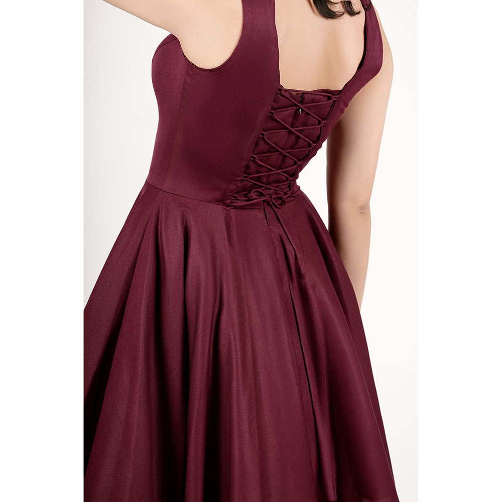 ROSA DAME Henira Maroon Structured Flared Gown With Lace - Up Back - Wine