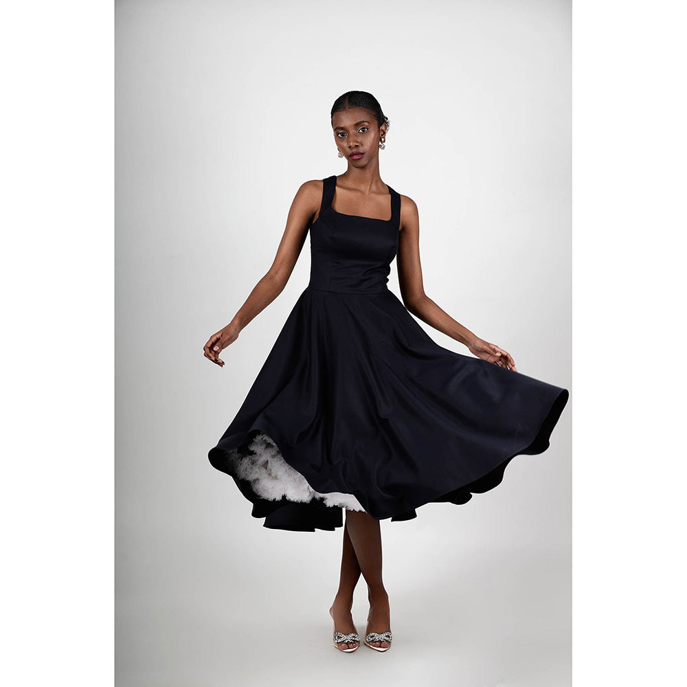 ROSA DAME Navy Blue Henira Deep Jet Blue Structured Flared Dress with Lace-Up Back