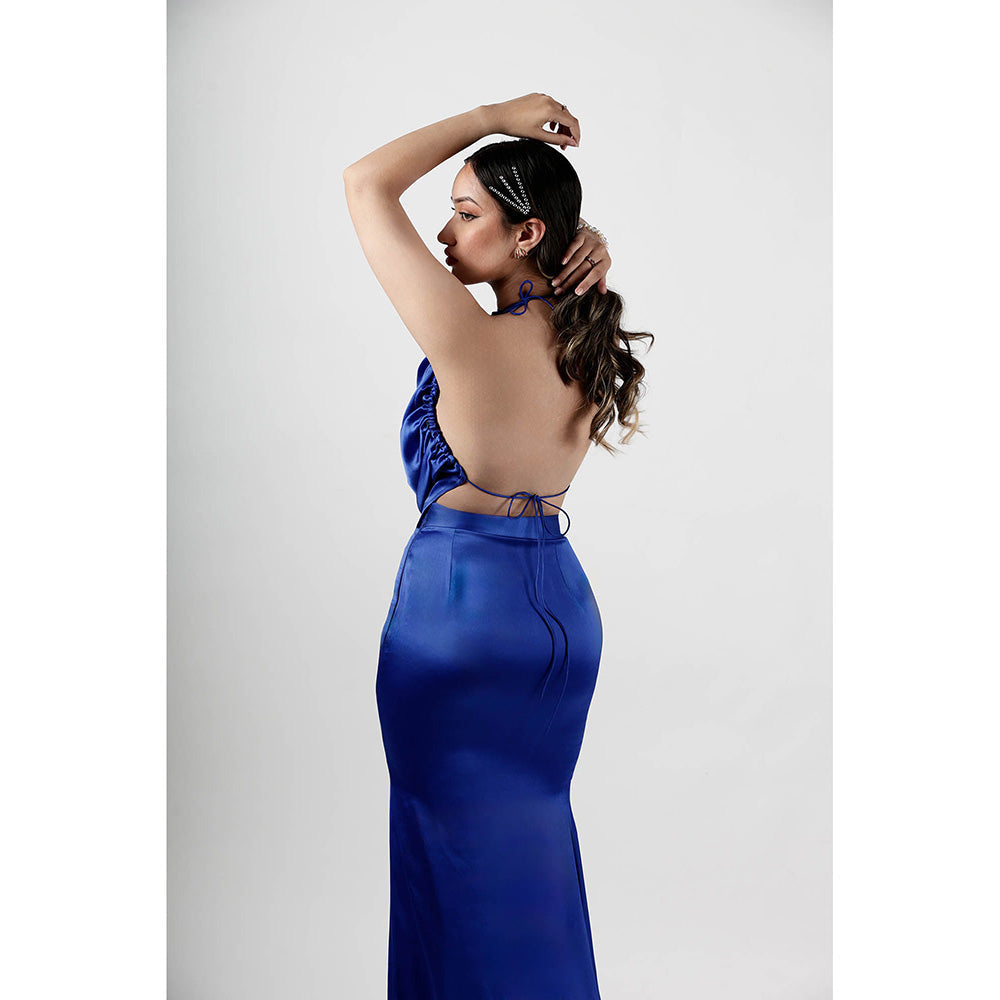 ROSA DAME Royal Blue Satin Halter Top with Open Back Tie Detail