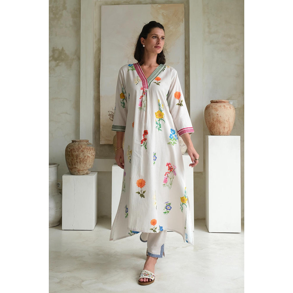 Roza Pret White Printed Marigold Kurta with Pant (Set of 2)
