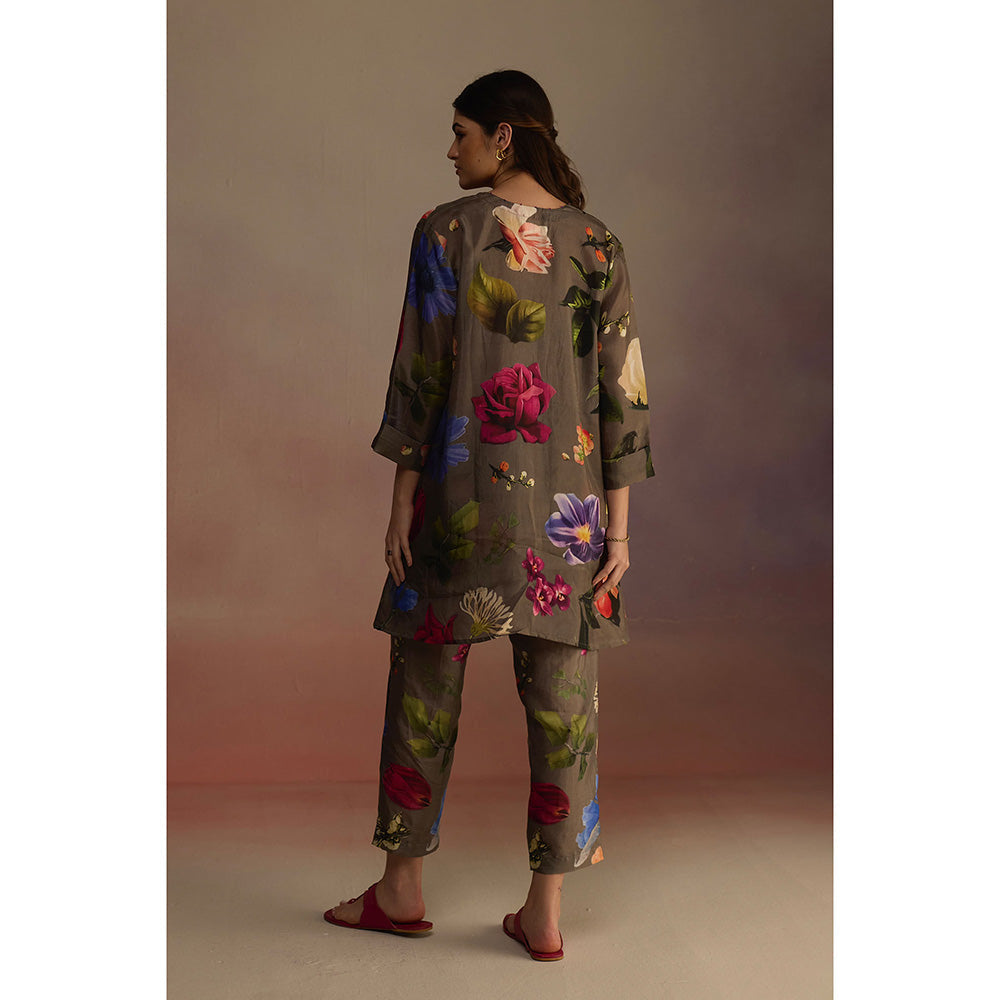 Roza Olive Iris Floral Printed Short Kurta with Pant (Set of 2)